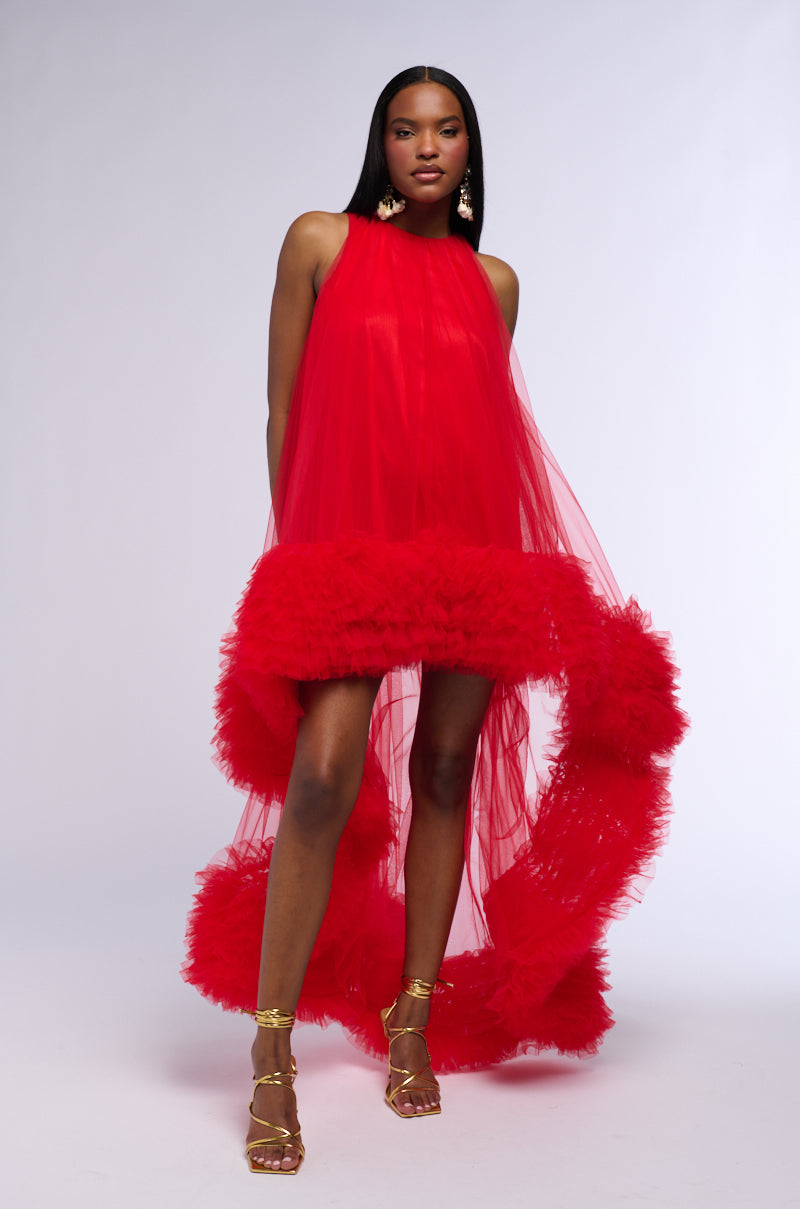 ARI TULLE RUFFLE HIGH LOW MINI DRESS IN RED