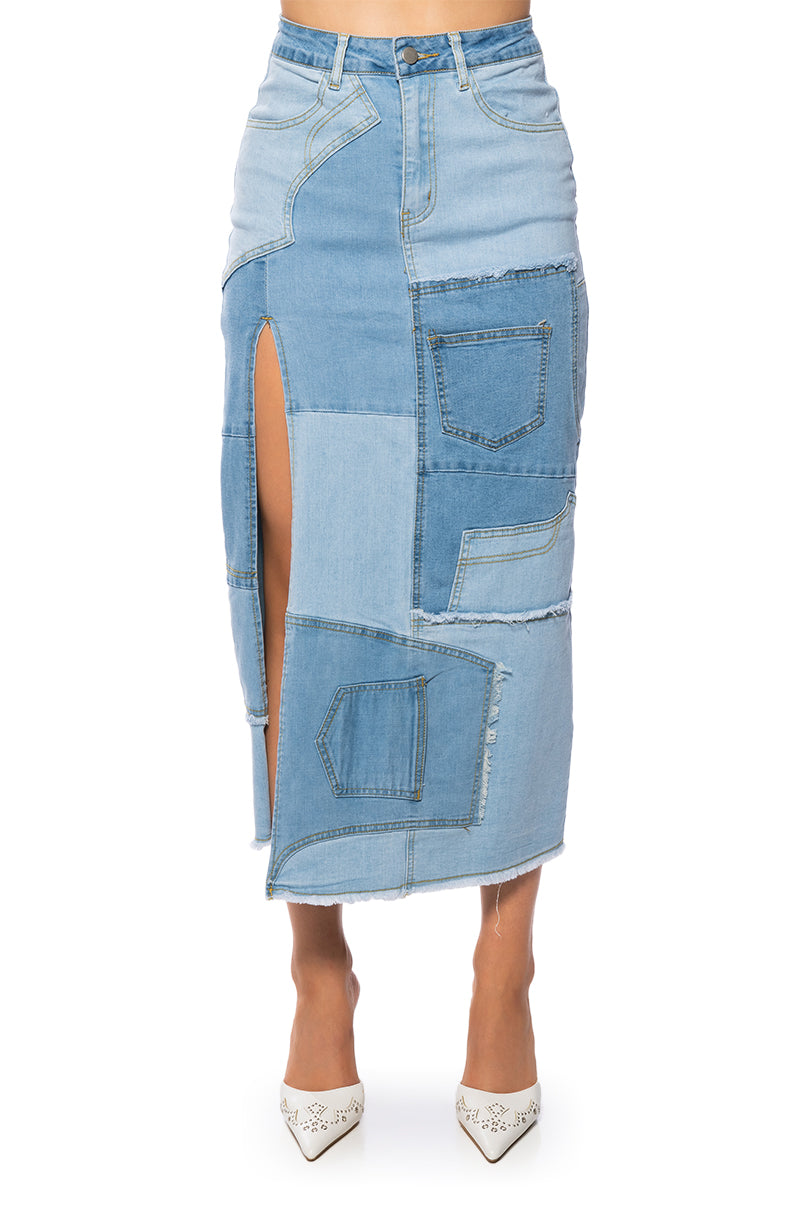 ANGEL PATCHWORK DENIM MAXI SKIRT