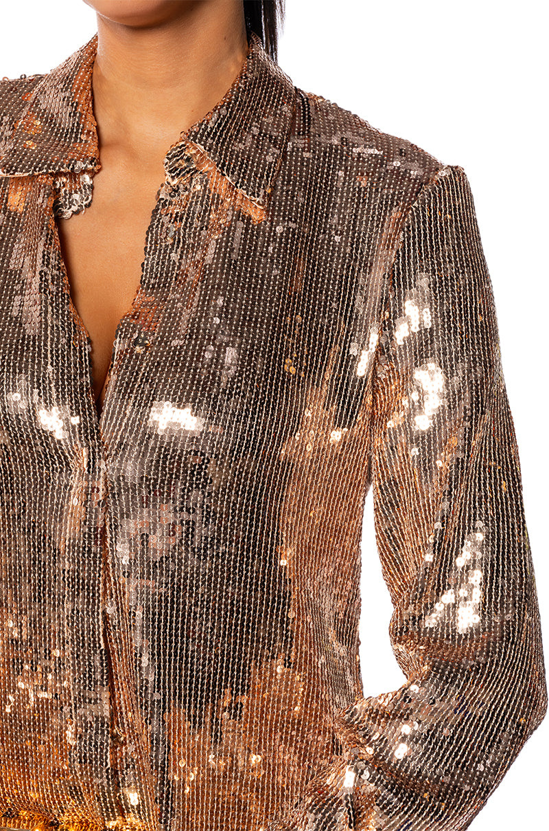 DISCO FEVER SEQUIN EMBELLISHED BUTTON DOWN TOP