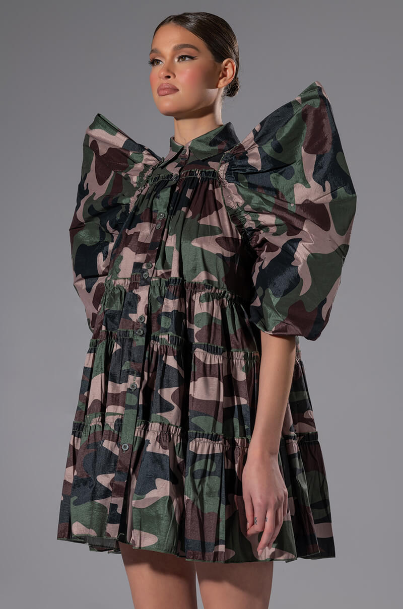 RUFFLE SLEEVE CAMO PRINT TRAPEZE MINI DRESS