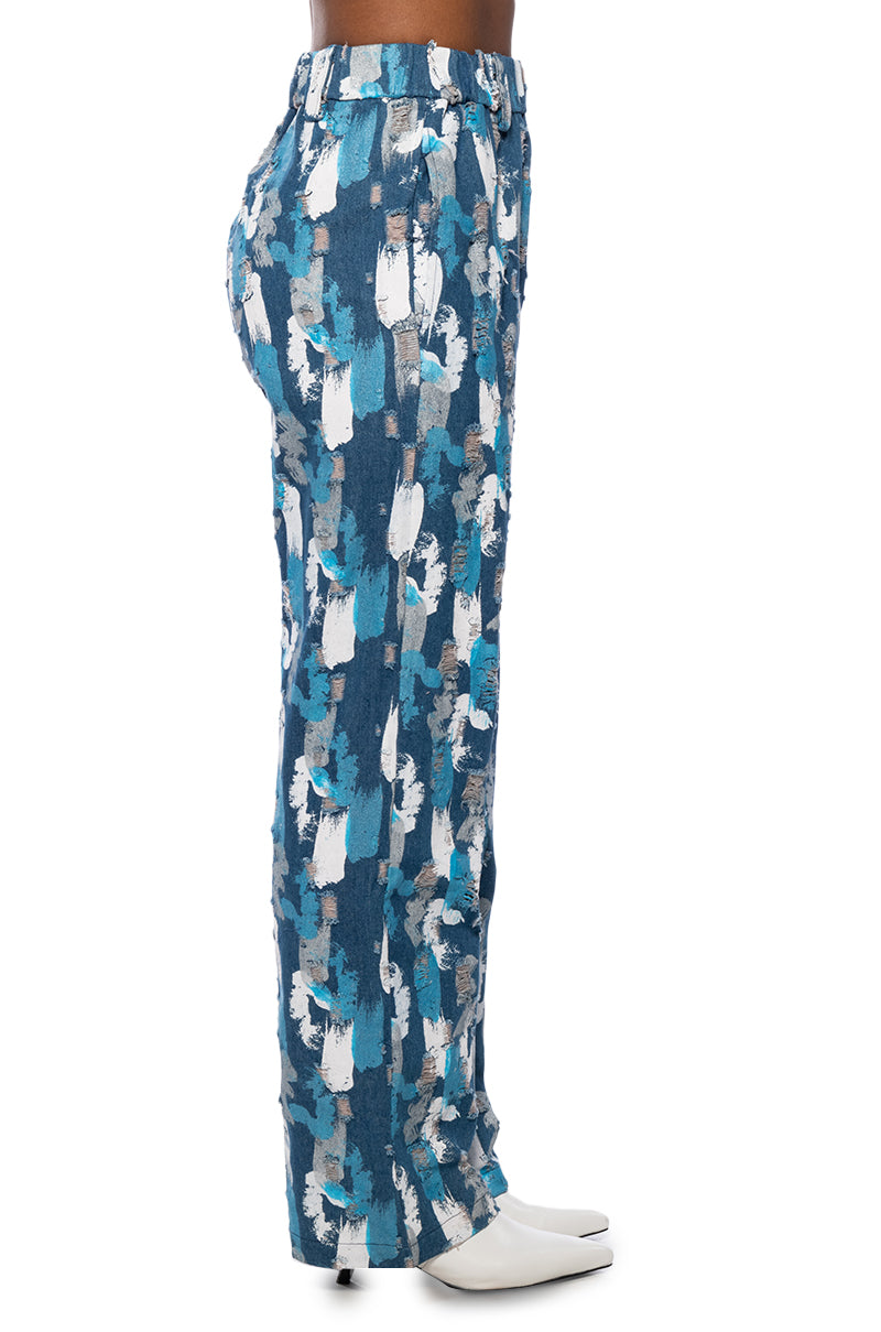 PAINTED BLUE HIGH WAIST WIDE LEG PANT