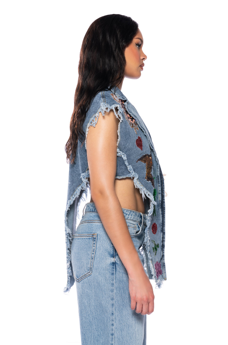 DENIM PATCHWORK SEQUIN VEST