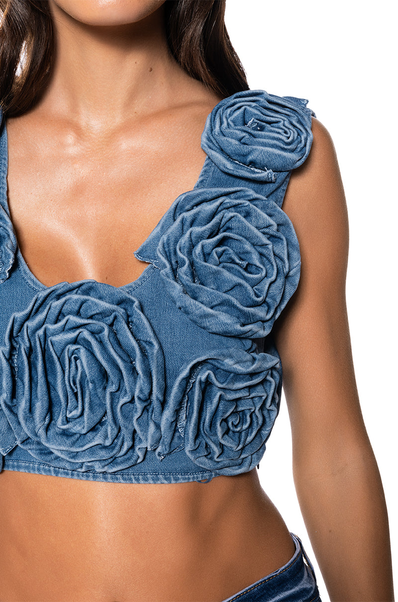 SEASON TO BLOOM SLEEVELESS DENIM FLOWER TOP