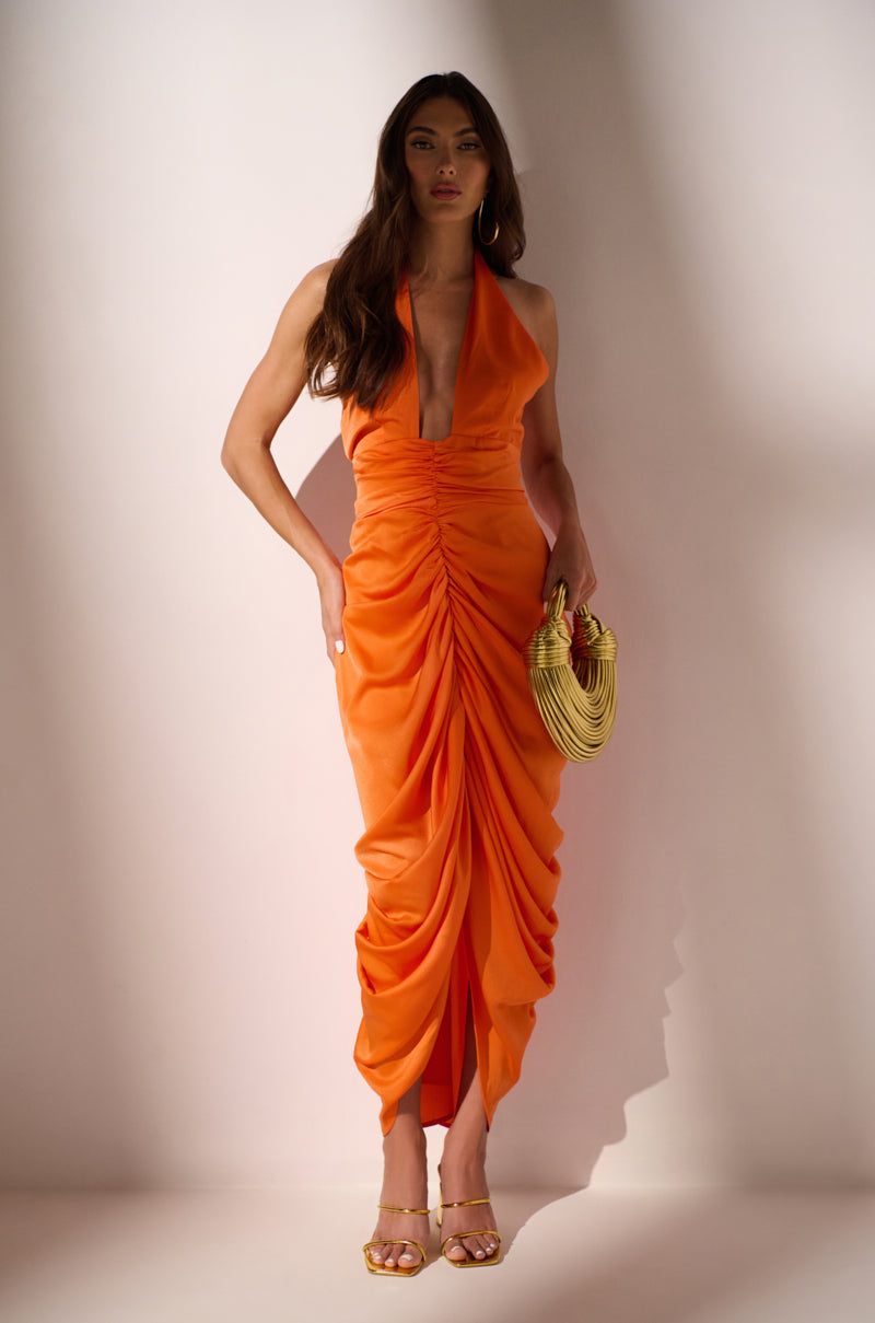 LOOK TWICE RUCHED MIDI DRESS IN ORANGE