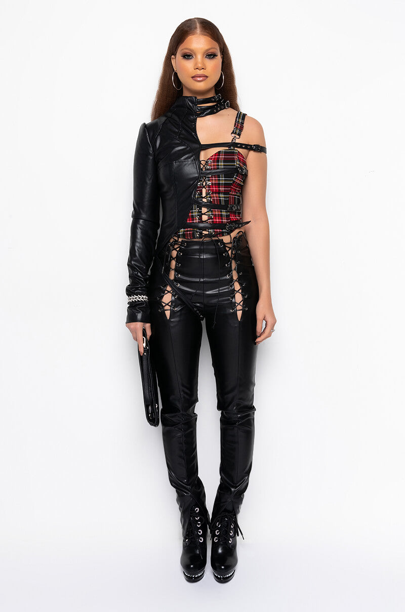 PRETTY RECKLESS FAUX LEATHER HALF THERE TOP IN BLACK