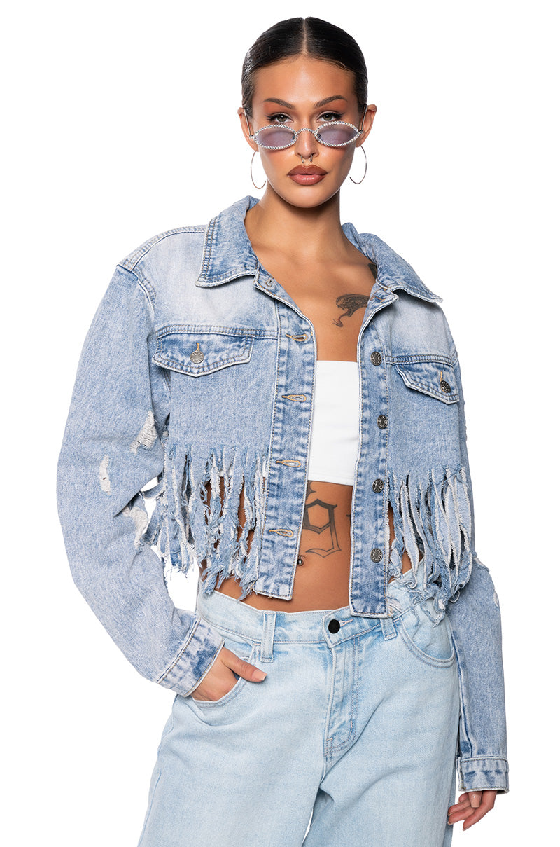 SHREDDED FRINGE CROPPED DENIM JACKET