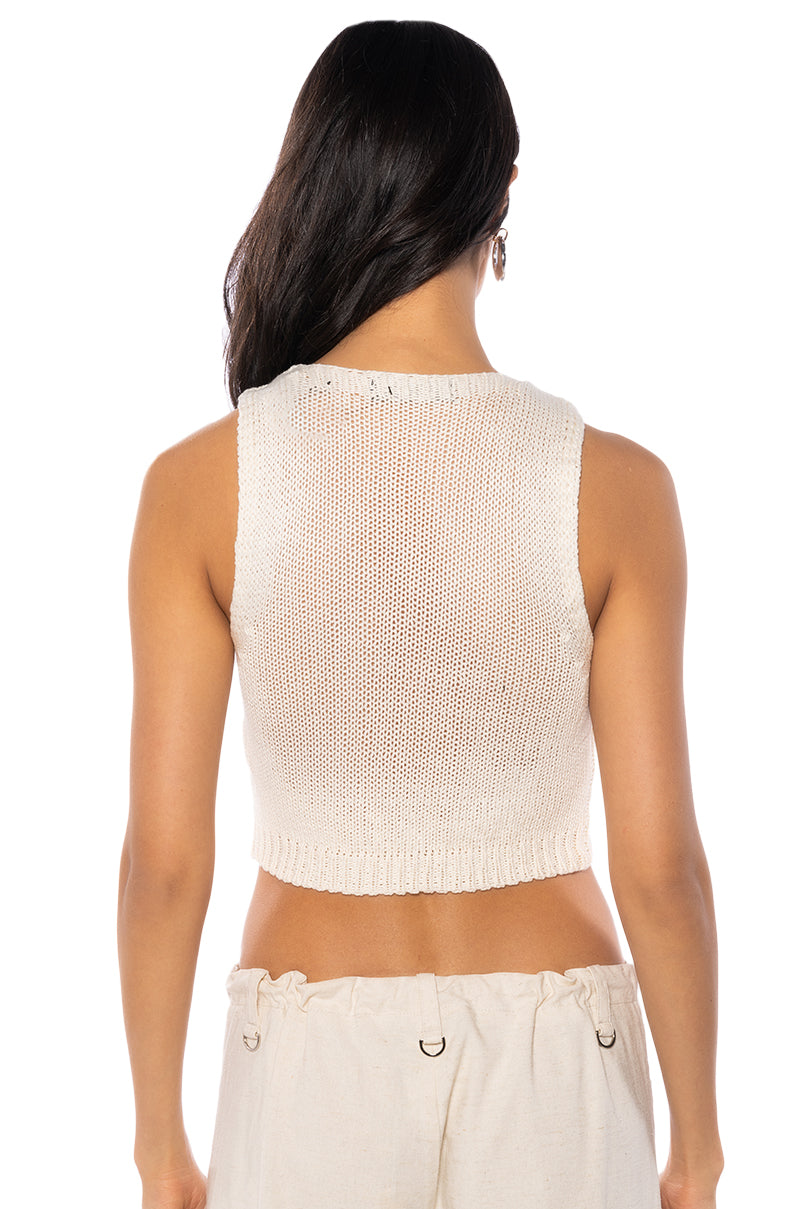 SLAY SLEEVELESS SHREDDED KNIT CROP TOP IN IVORY