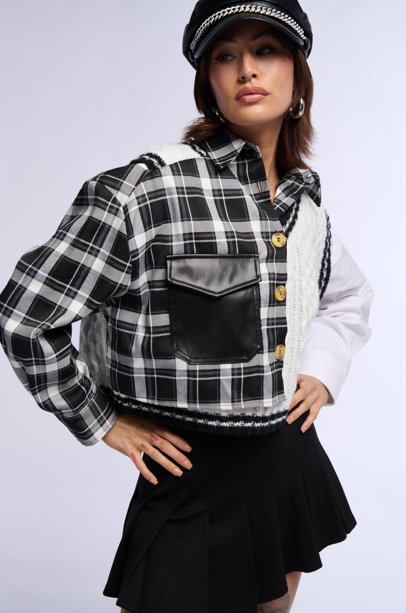 SWEATER WEATHER BUTTONED PATCHWORK PLAID TOP