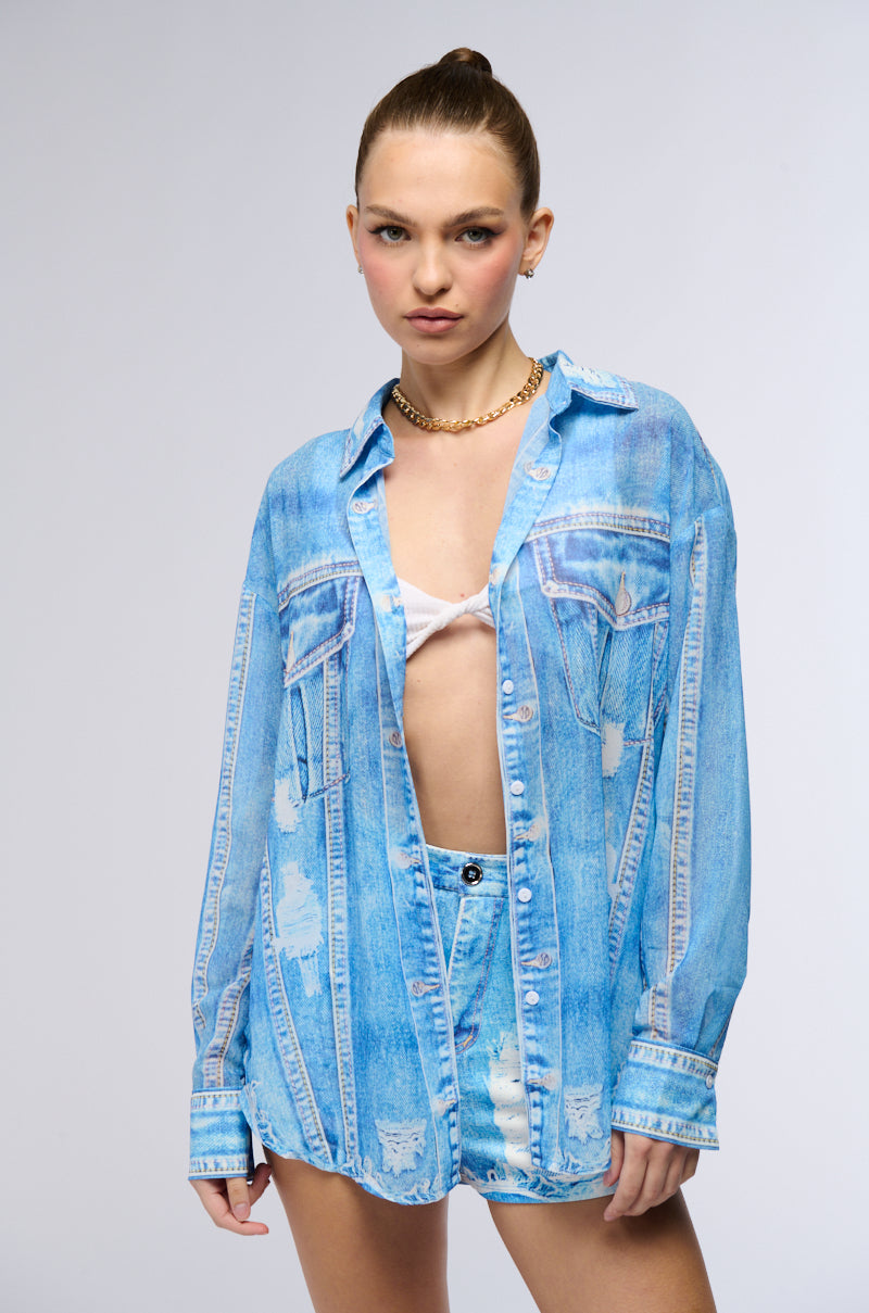 PRINTED DENIM LONG SLEEVE BUTTON DOWN SHIRT