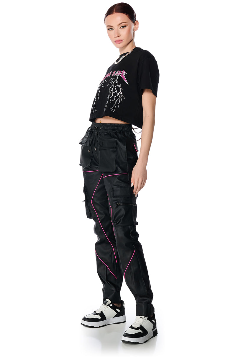 FAUX LEATHER JOGGER PANT WITH PINK PIPING