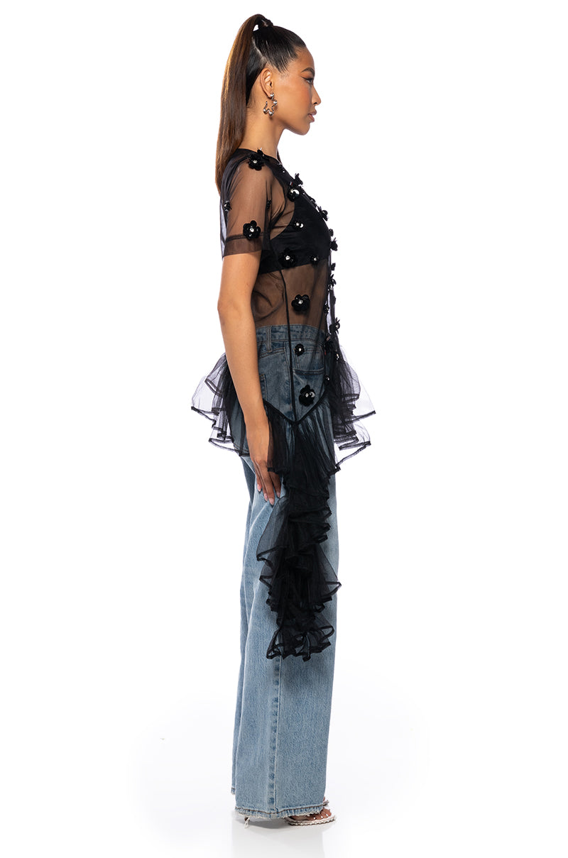 TOO GLAM EMBELLISHED ASYMMETRICAL TULLE TOP