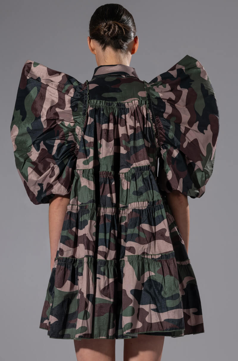 RUFFLE SLEEVE CAMO PRINT TRAPEZE MINI DRESS