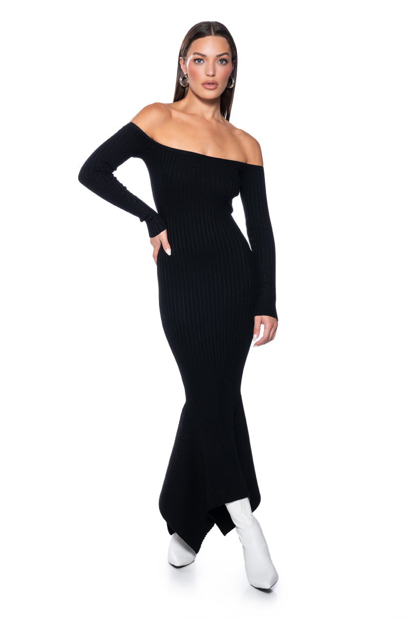 PIXIE LONG SLEEVE OFF THE SHOULDER KNIT MIDI DRESS