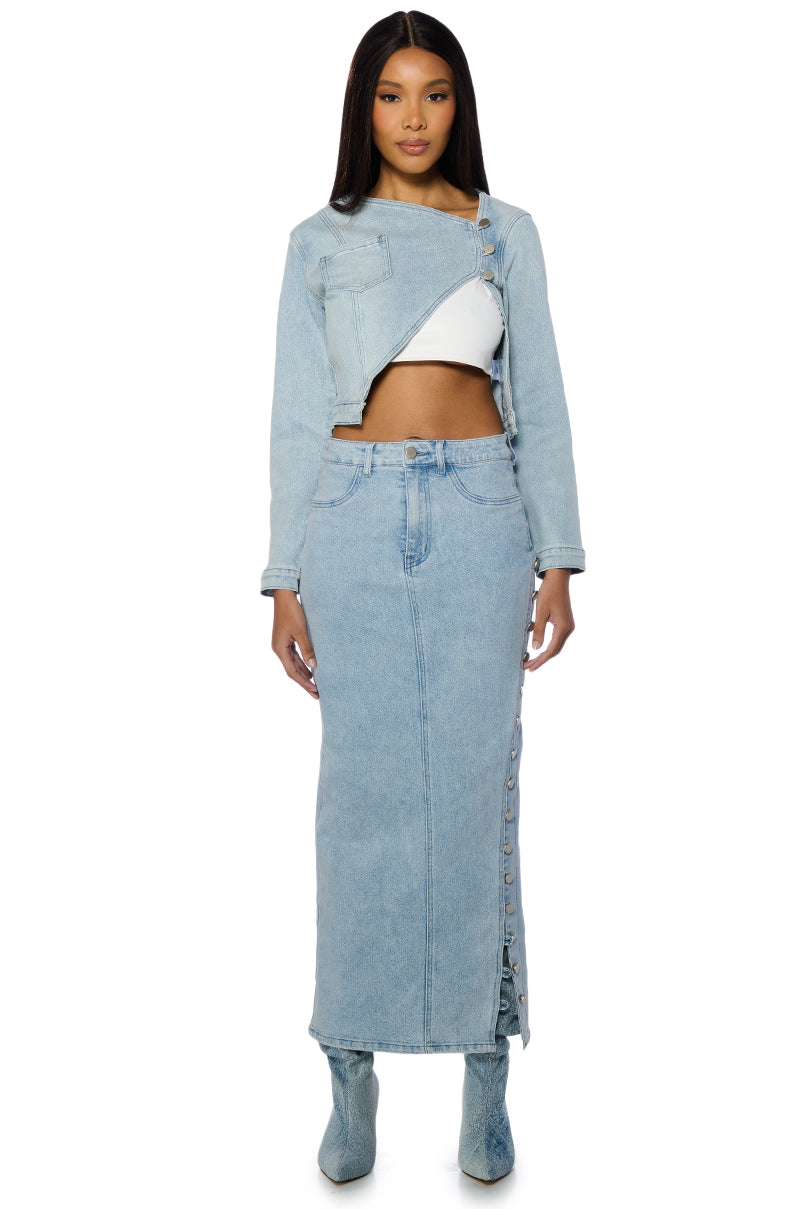 BRITNEY SIDE BUTTON DOWN DENIM MAXI SKIRT