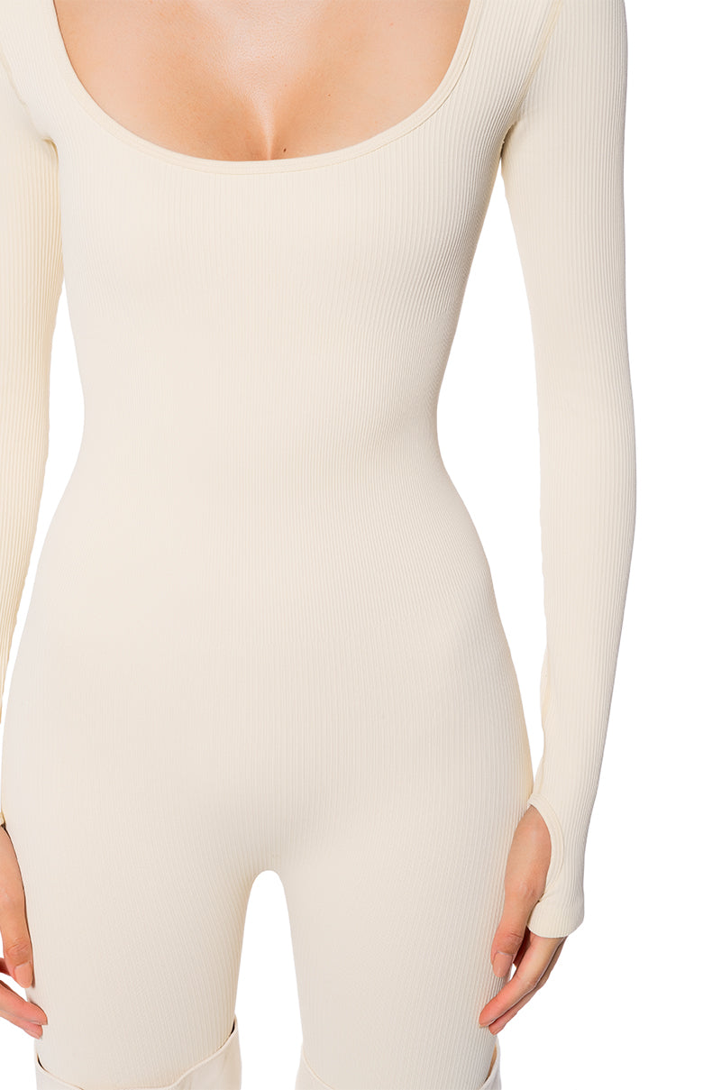 HOT GIRL WALK LONG SLEEVE CATSUIT IN CREAM