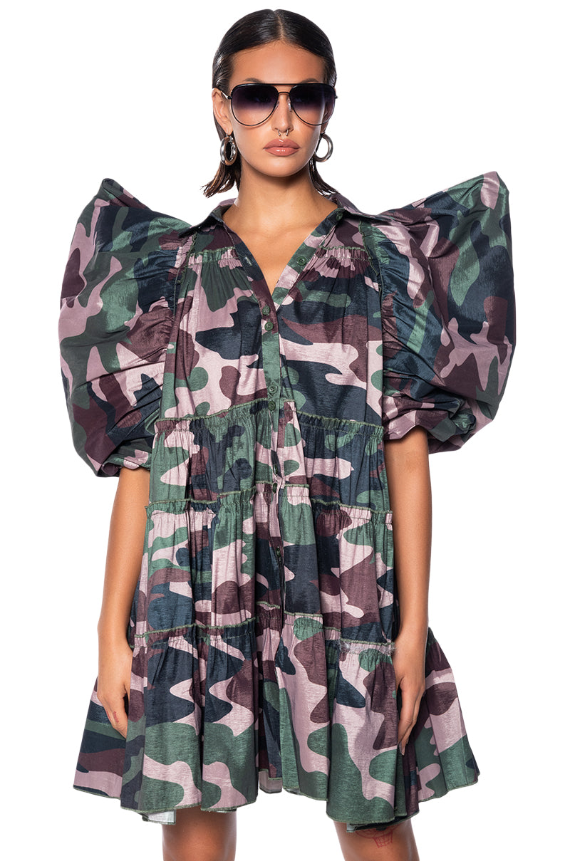 RUFFLE SLEEVE CAMO PRINT TRAPEZE MINI DRESS