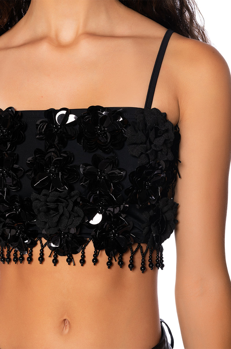 THE LUXE LIFE SEQUIN FLOWERS CROP TOP