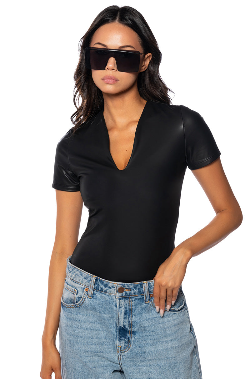 PAXTON FAUX LEATHER SHORT SLEEVE BODYSUIT WITH 4 WAY STRETCH