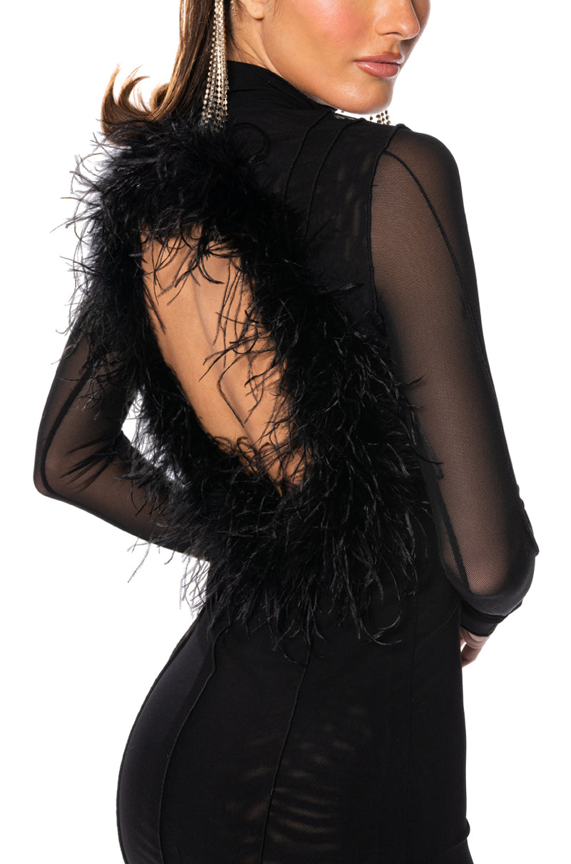 ROSALIE OPEN BACK FUR TRIM MESH MINI DRESS