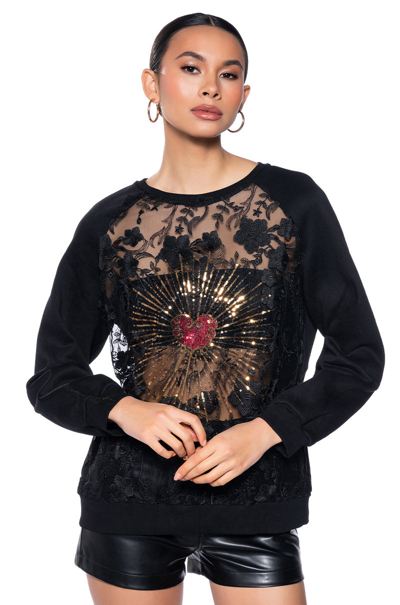 QUEEN OF HEARTS LACE DETAIL PULL OVER SWEATSHIRT