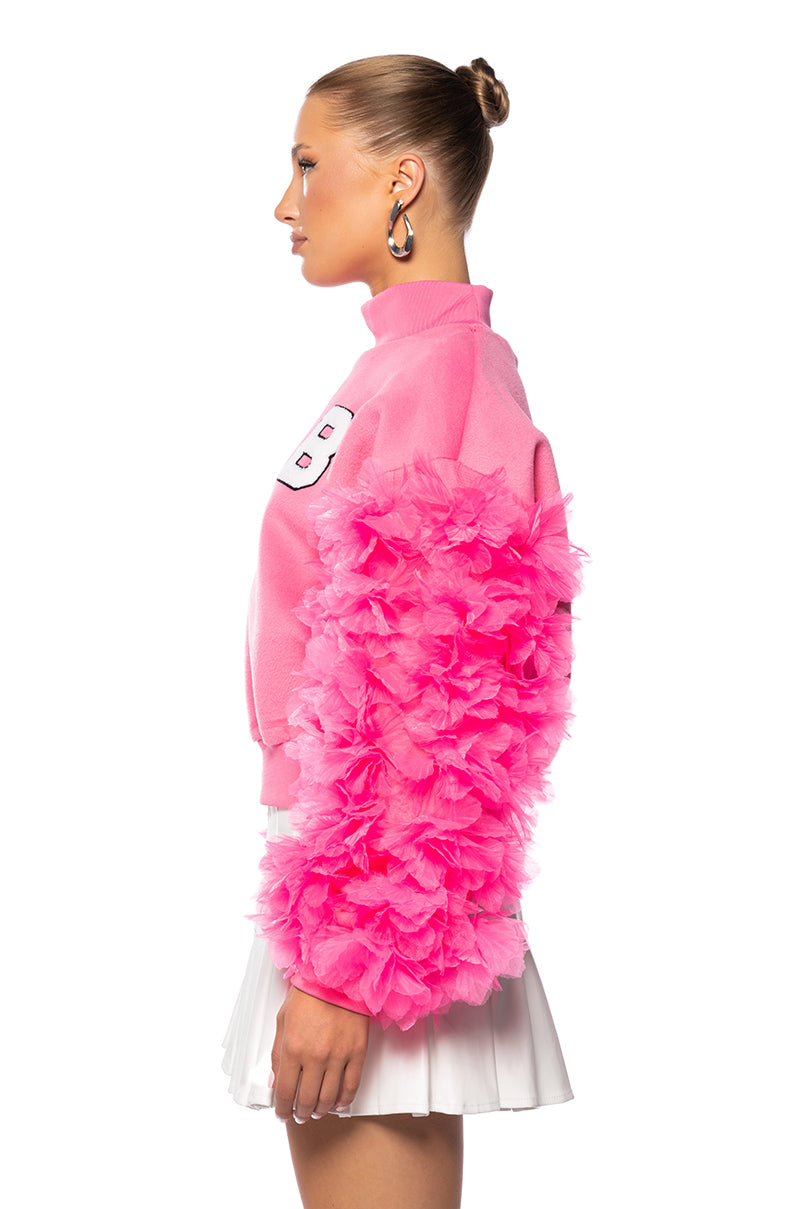 UPPER EAST SIDE PINK RUFFLE SLEEVE SWEATSHIRT