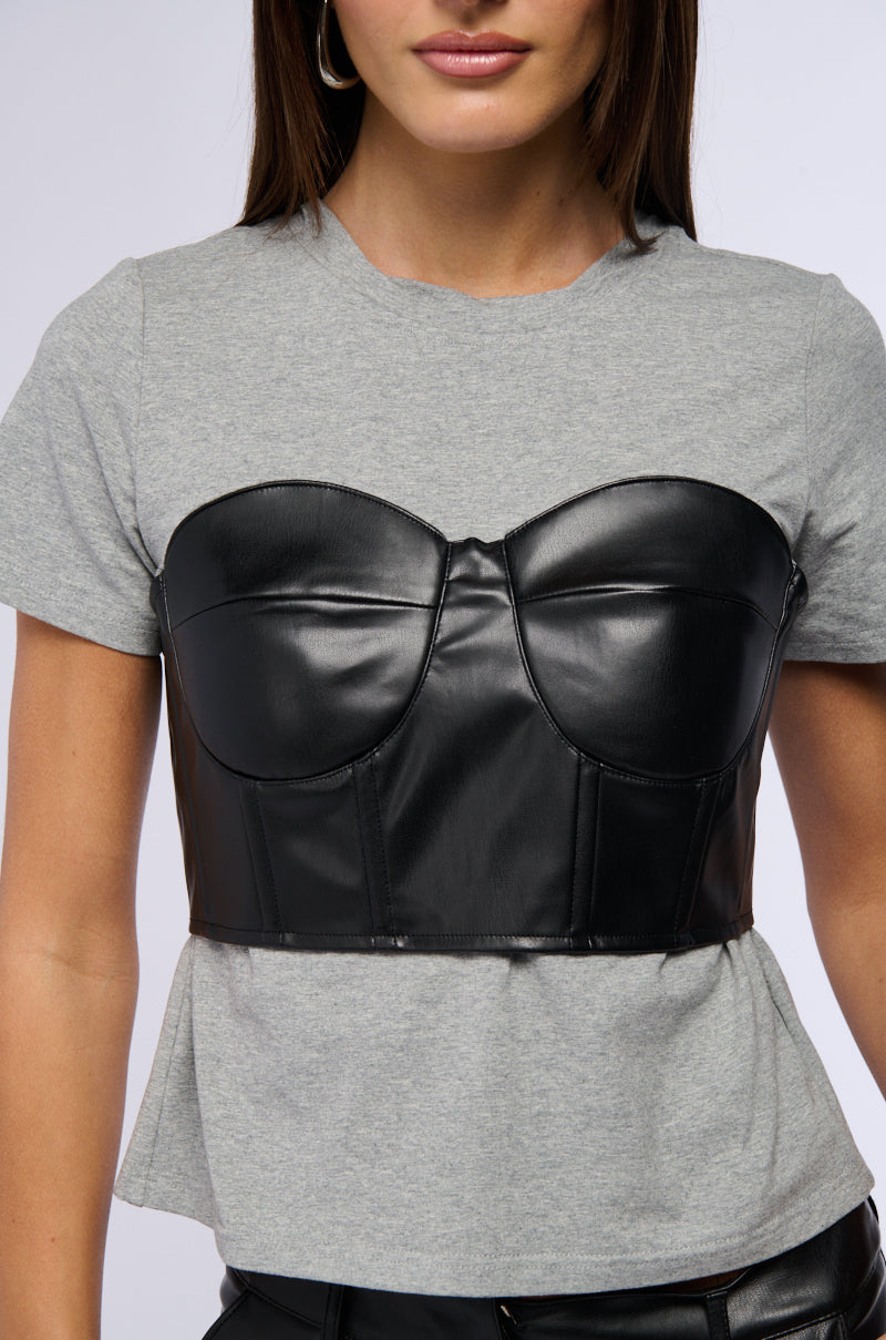 GOT ME TWISTED T SHIRT WITH FAUX LEATHER CORSET DETAIL