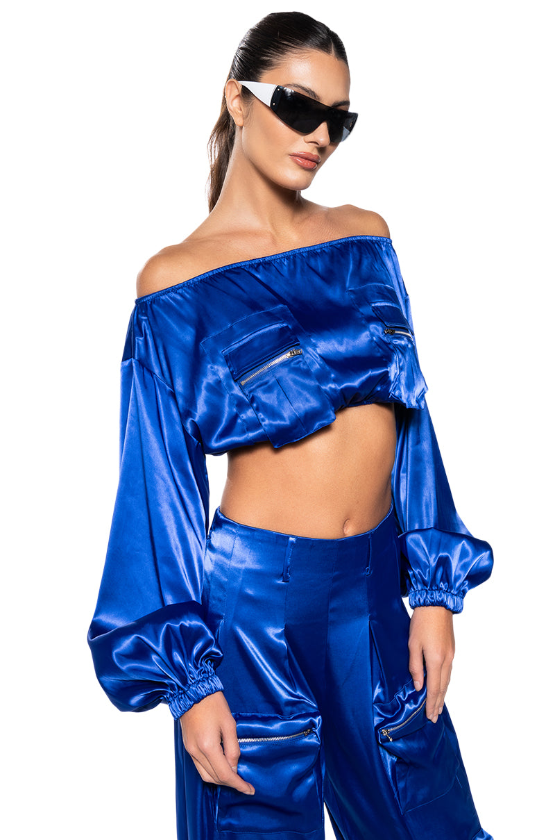 VIOLET DREAMS OFF SHOULDER POCKET DETAIL CROP TOP