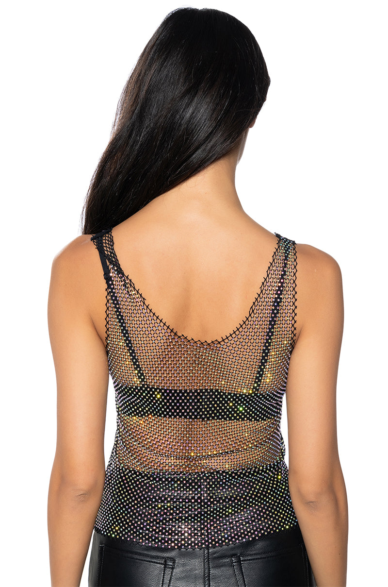 ANGEL SLEEVELESS RHINESTONE MESH TOP IN BLACK