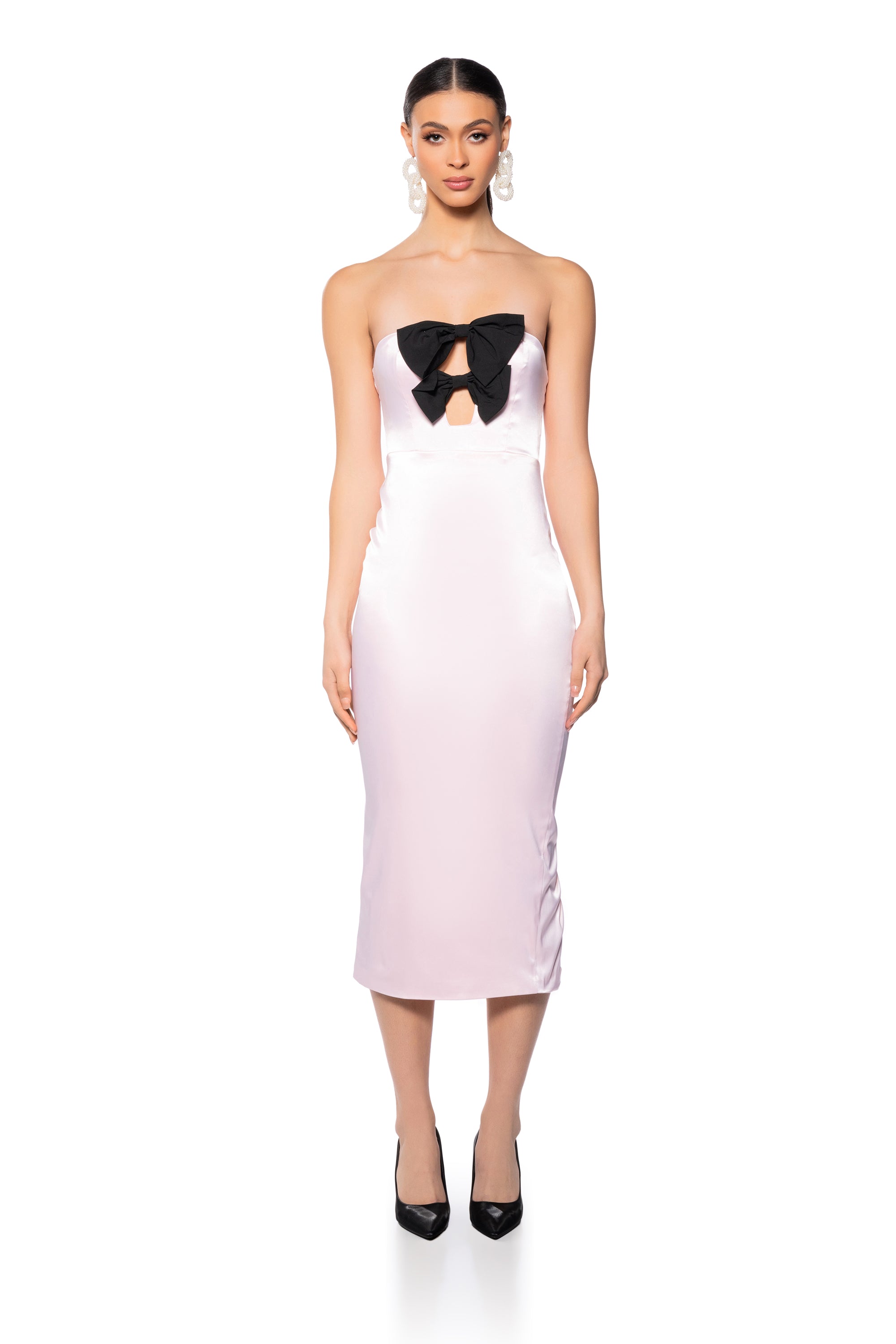 TAKE A BOW SATIN MIDI DRESS