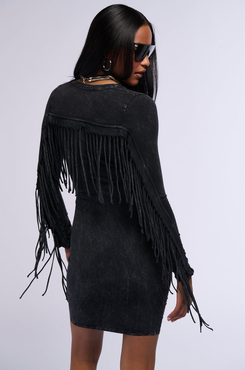 COOL IT COWBOY FRINGE MINI DRESS