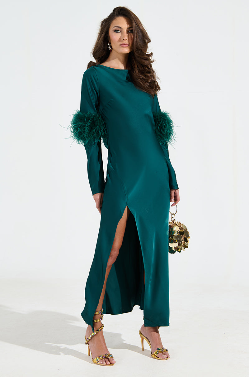 CARRIE FEATHER SLEEVE MAXI DRESS