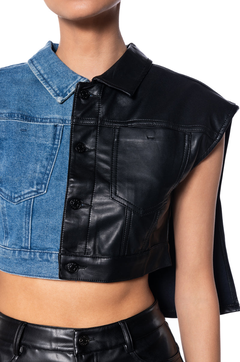 LOW RIDER HALF PU CROP DENIM VEST WITH CAPE