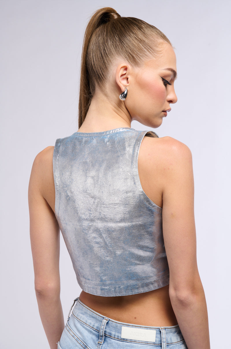 METALLIC DENIM CROP VEST