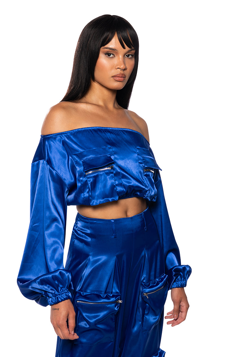 VIOLET DREAMS OFF SHOULDER POCKET DETAIL CROP TOP