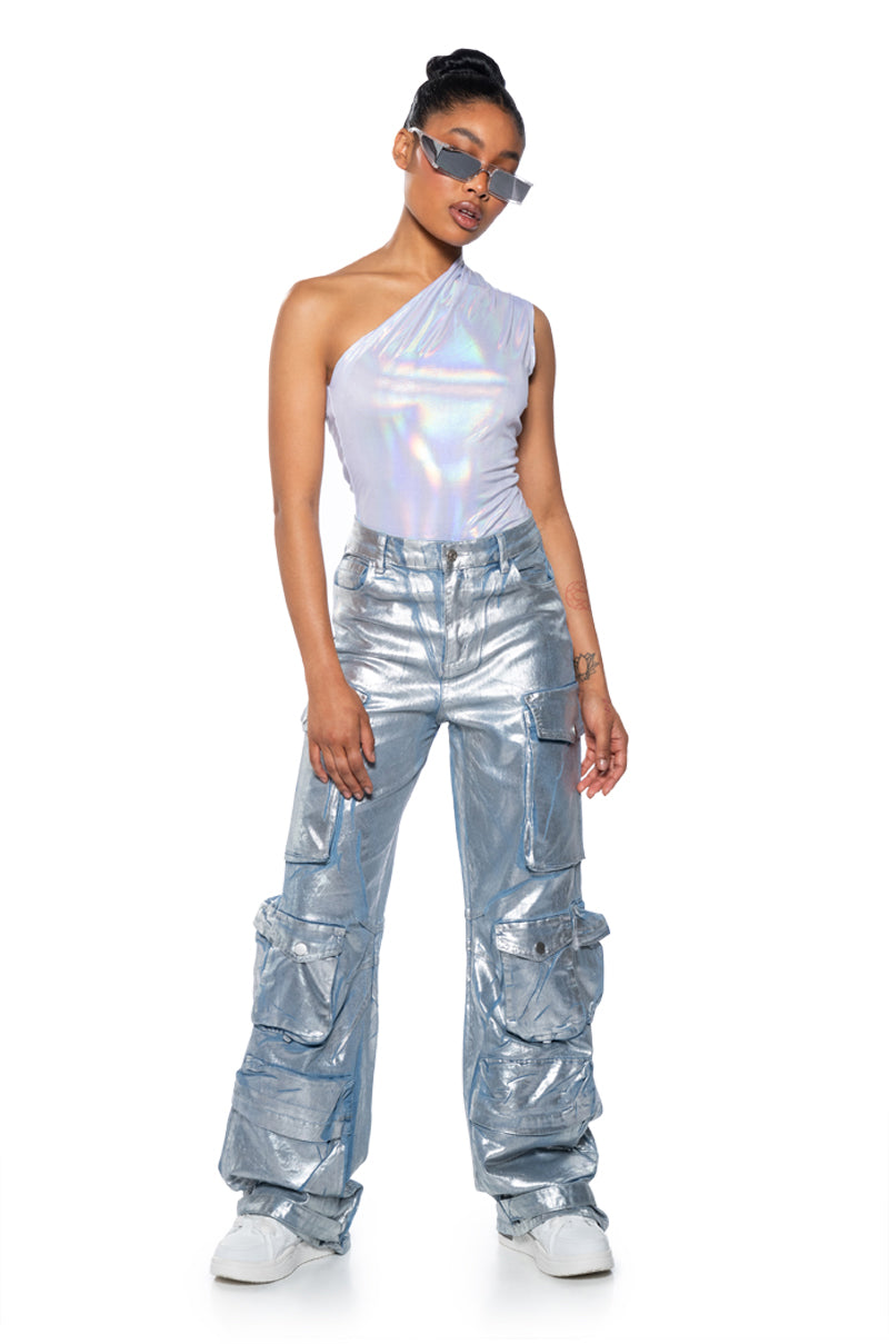 WILD CHILD METALLIC BODYSUIT IN SILVER MULTI