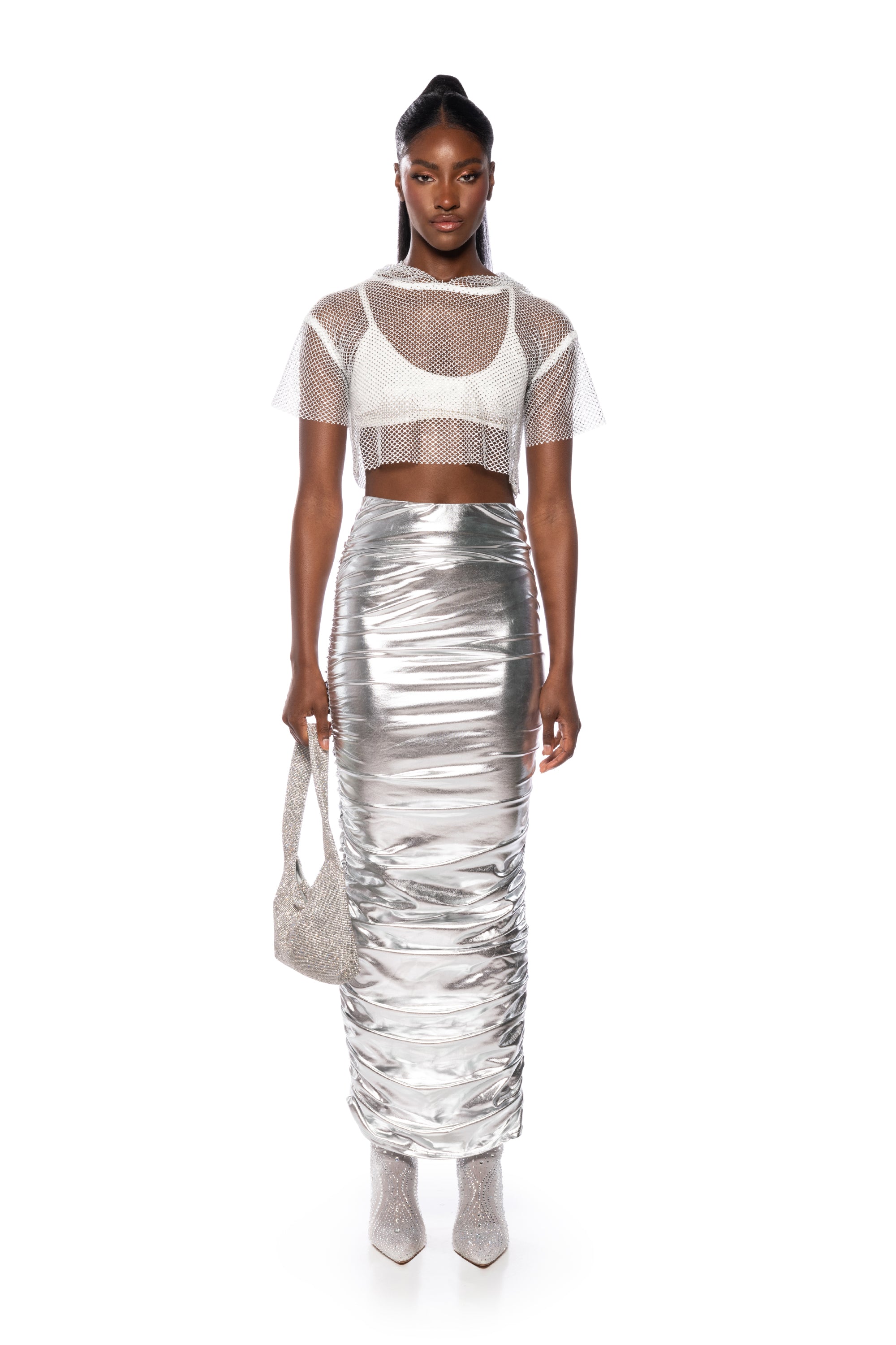 ANGEL ENERGY METALLIC MIDI SKIRT IN SILVER