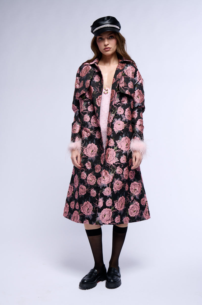 MOMMA IS ALWAYS RIGHT FLORAL TRENCH WITH FEATHERS