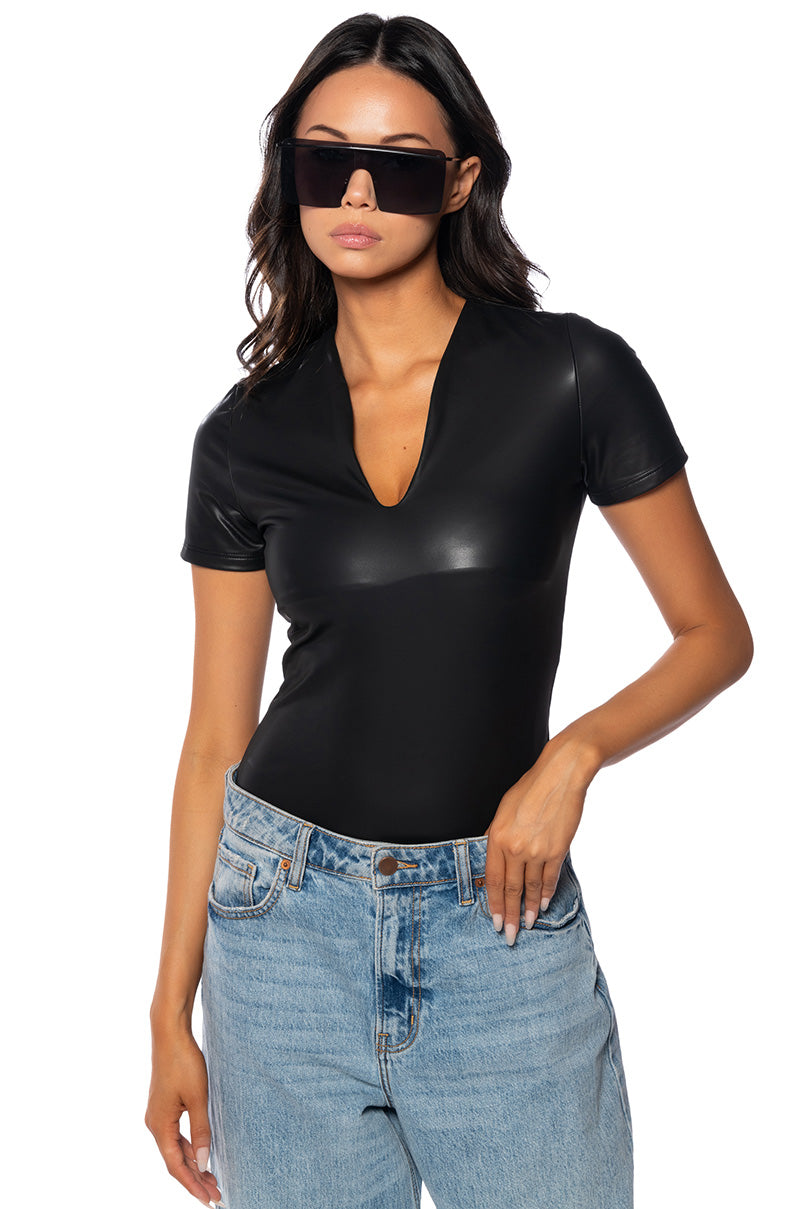 PAXTON FAUX LEATHER SHORT SLEEVE BODYSUIT WITH 4 WAY STRETCH