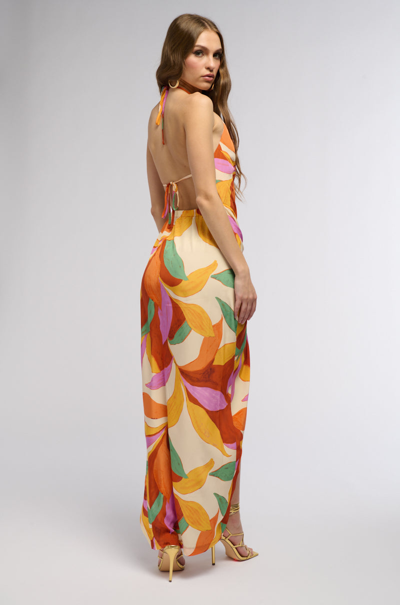 BOTANICAL BEAUTY PRINTED MIDI DRESS IN ORANGE MULTI