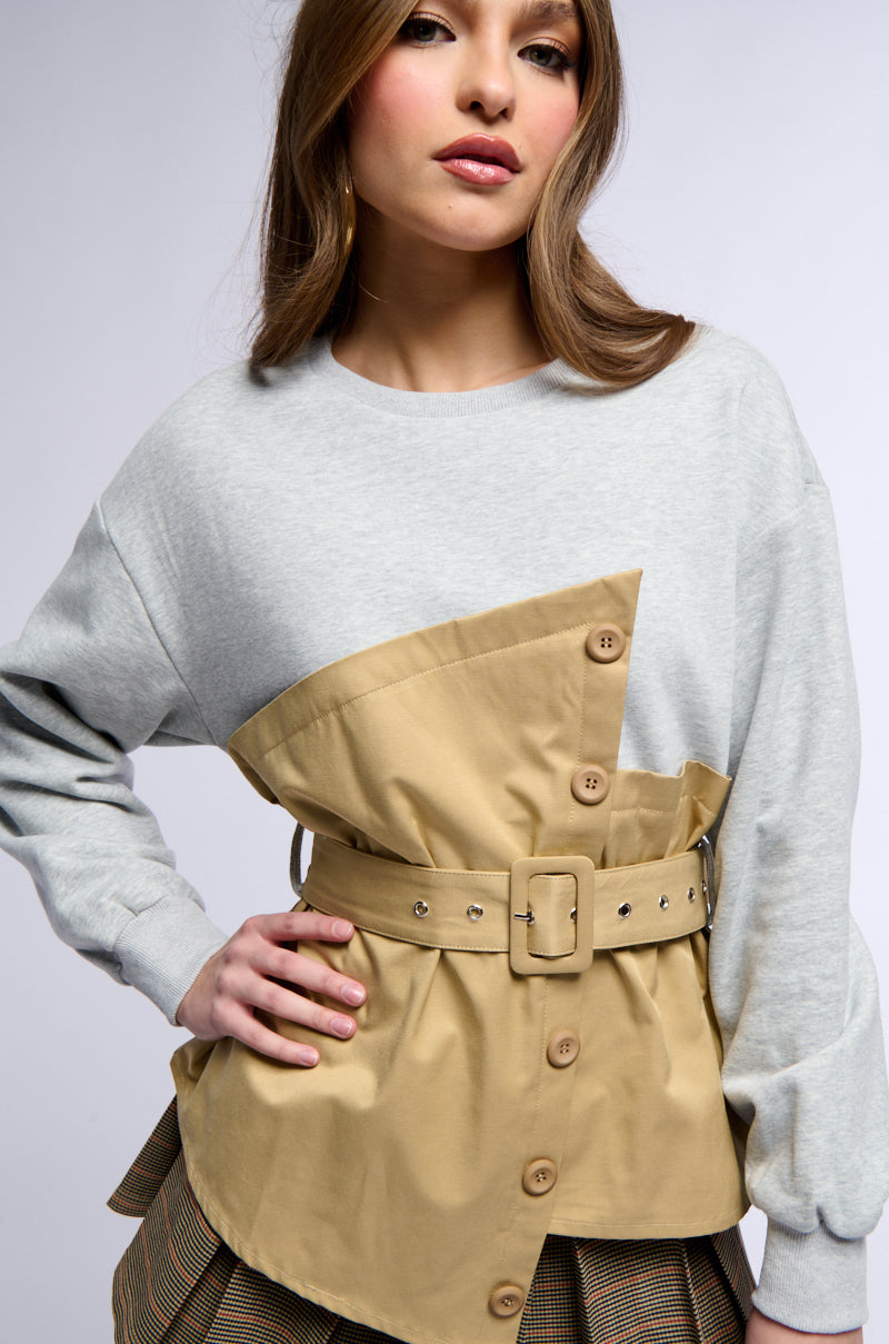 READY FOR ACTION BELTED MIXED MATERIAL SWEATSHIRT