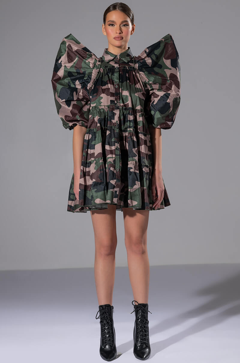 RUFFLE SLEEVE CAMO PRINT TRAPEZE MINI DRESS