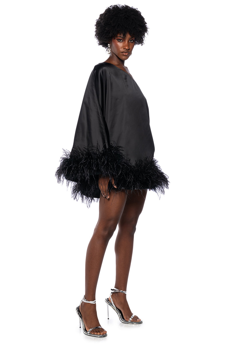 ISNT IT LOVELY ONE SHOULDER FEATHER HEM MINI DRESS IN BLACK