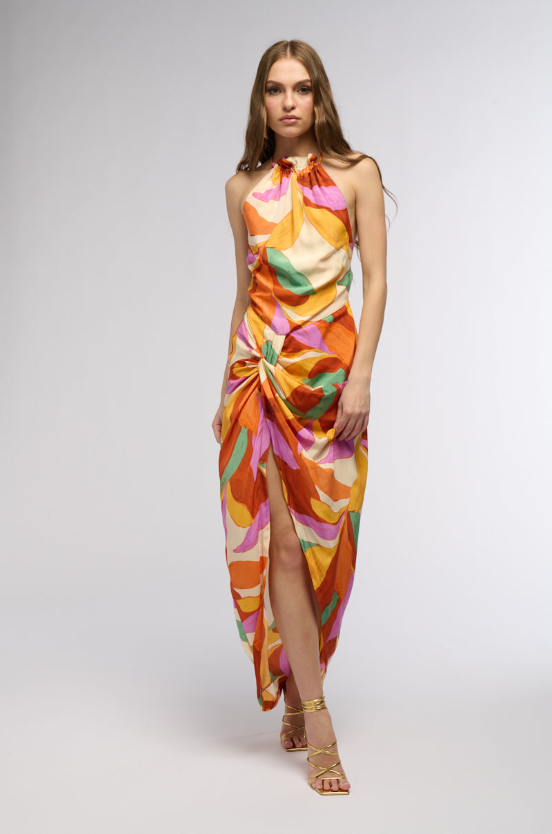 BOTANICAL BEAUTY PRINTED MIDI DRESS IN ORANGE MULTI