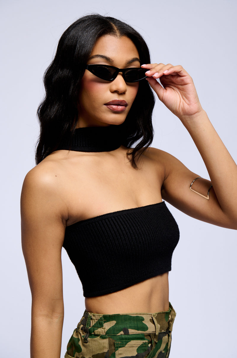 DOLLED UP KNIT BANDEAU HALTER TOP IN BLACK