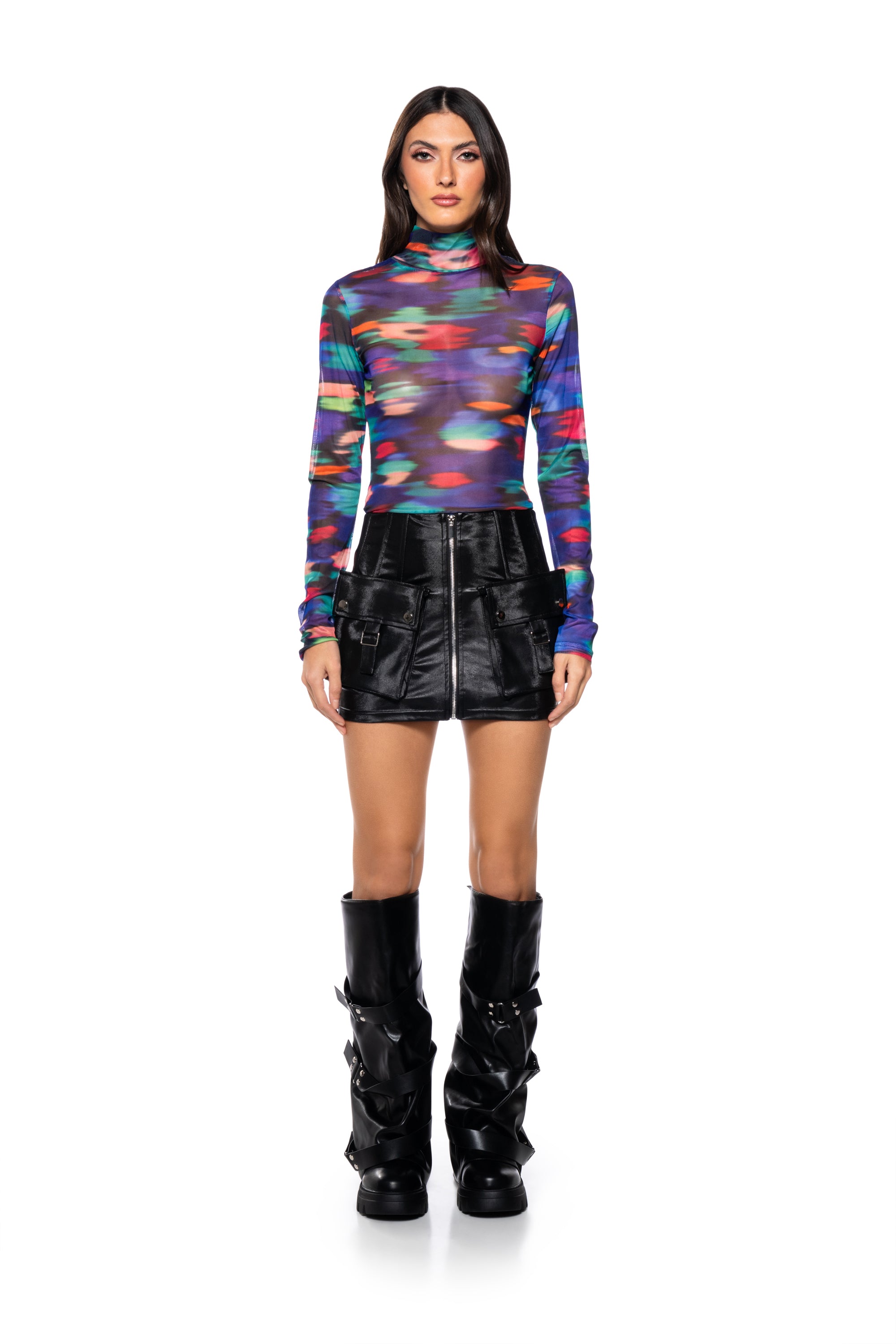 BLURRED LINES PRINTED MESH MOCK NECK TOP