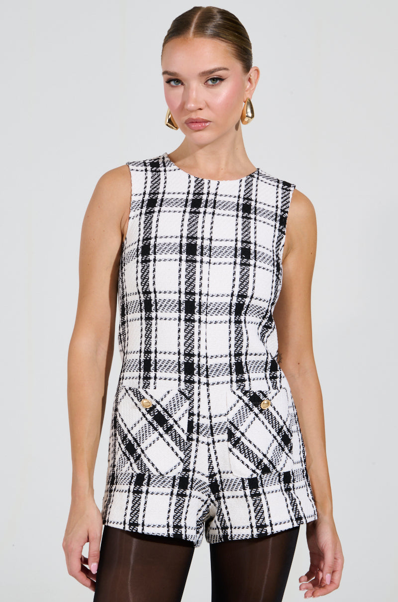 BEST DRESSED PLAID ROMPER IN WHITE