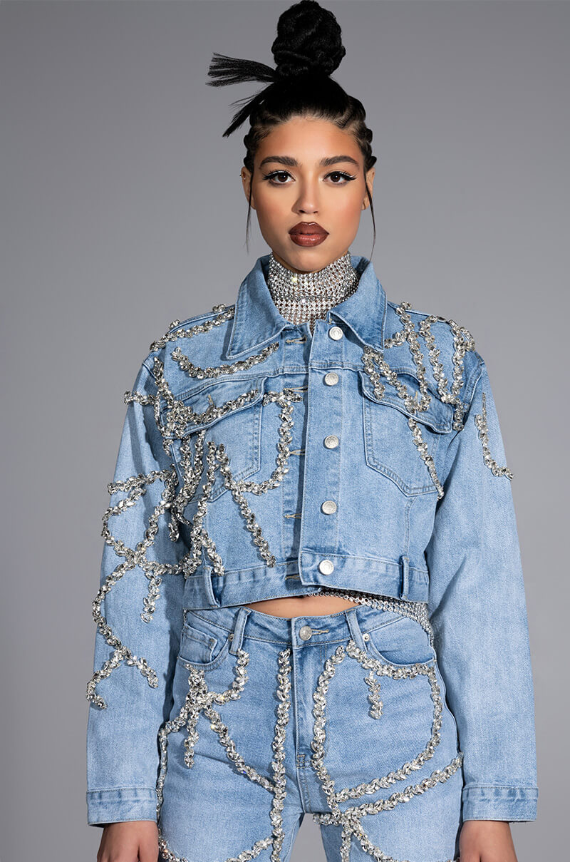 MAKE A WISH RHINESTONE EMBELLISHED DENIM JACKET