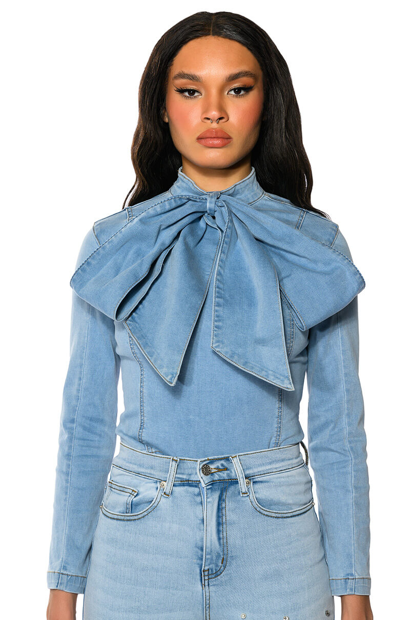 BOW DOWN BISH DENIM LONG SLEEVE TOP