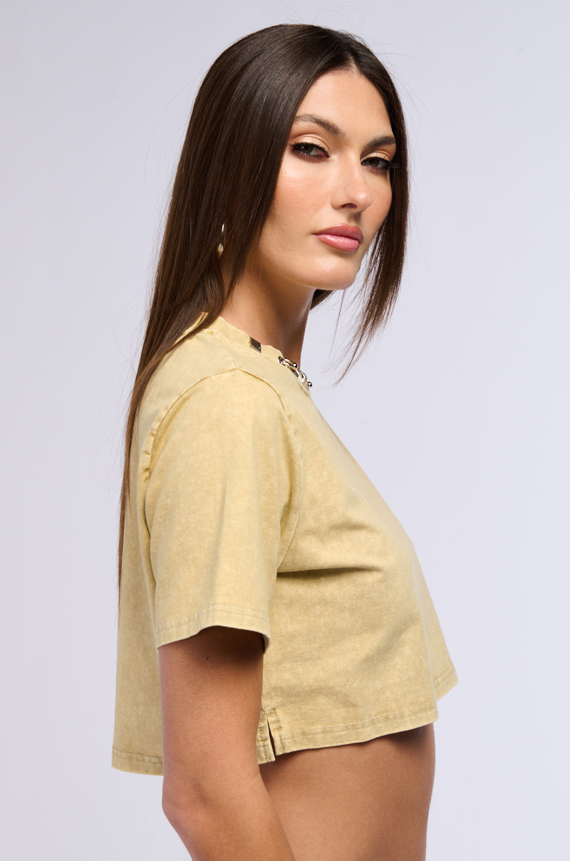 SIMPLE AND CUTE EMBELLISHED NECKLINE SHIRT IN LIGHT BROWN