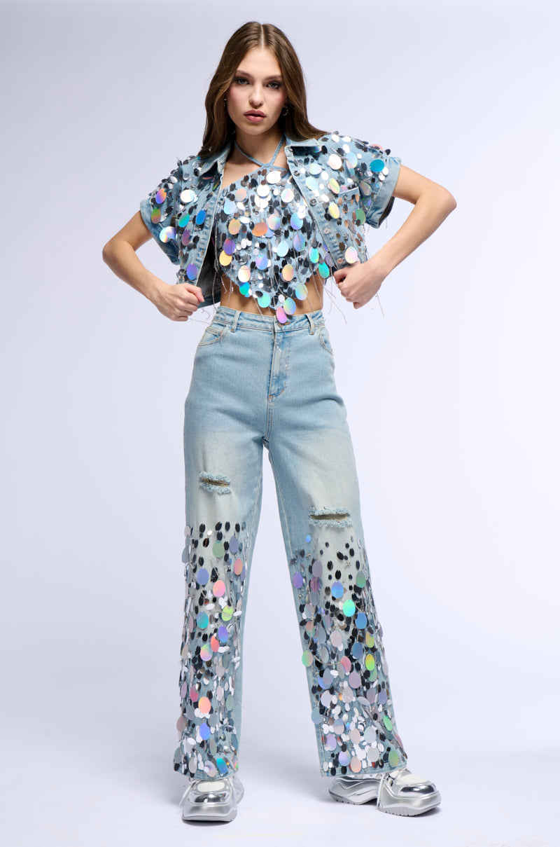 A GIRL NAMED LUCKY EMBELLISHED BUTTON DOWN DENIM CROP TOP